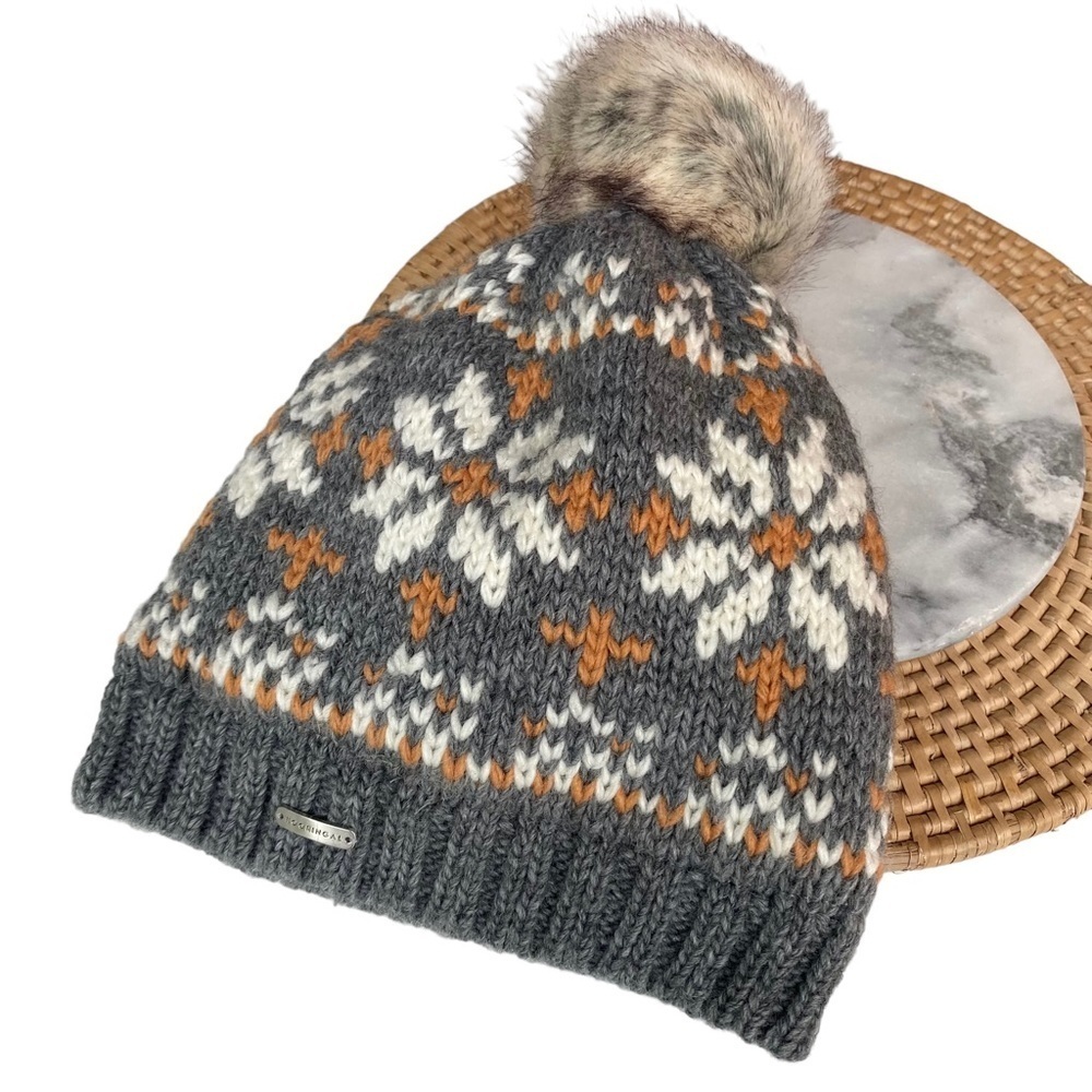 Kooringal Knit Beanie Hat Nia Pom Pom Gray Nordic Wool Faux Fur Winter Cozy